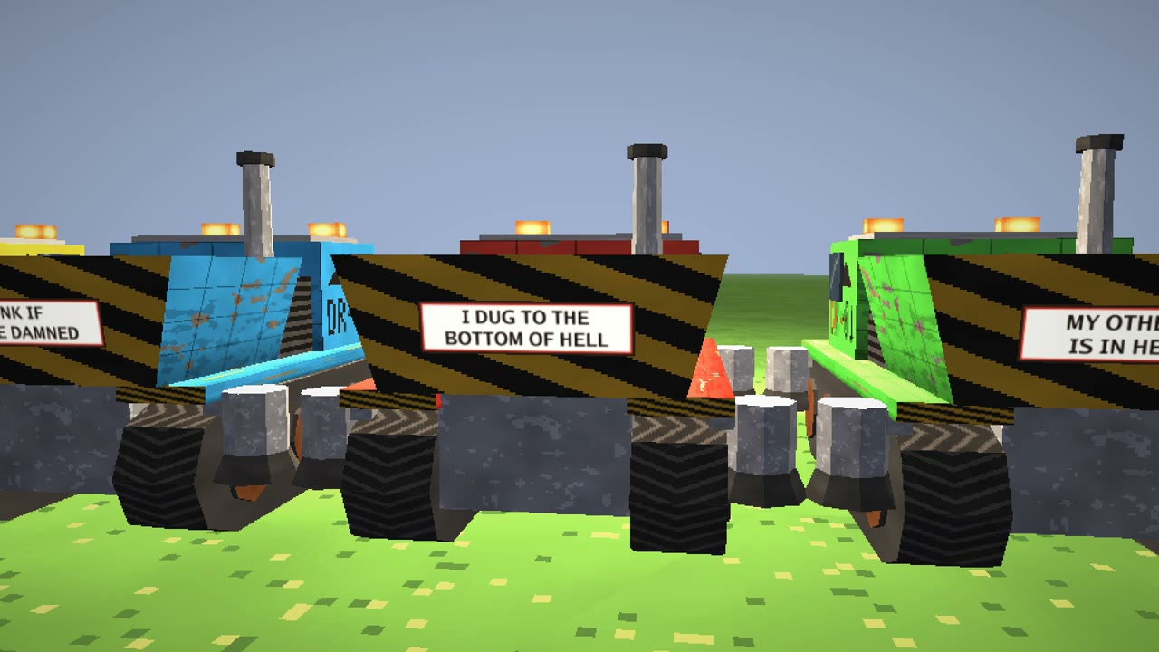 Four drill pods with bumper stickers on the surface