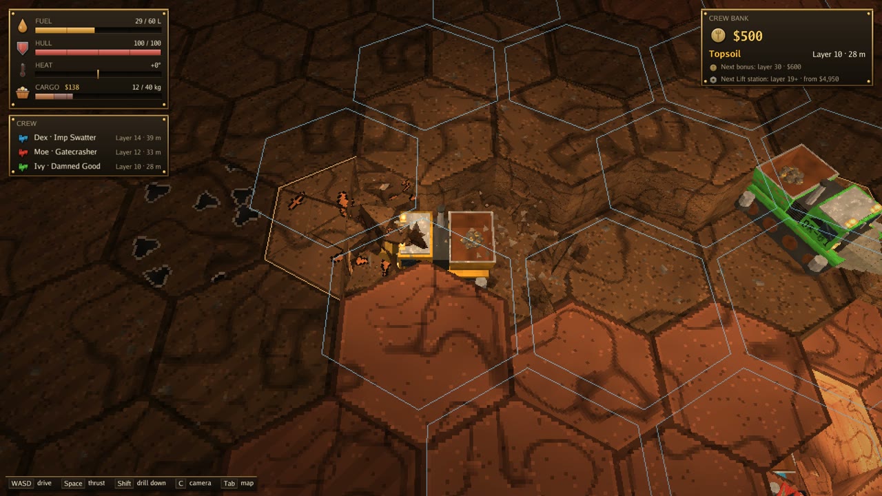 A drill pod digging through hexagonal rock